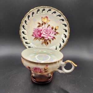 Vintage Lusterware Teacup and Reticulated Saucer Set